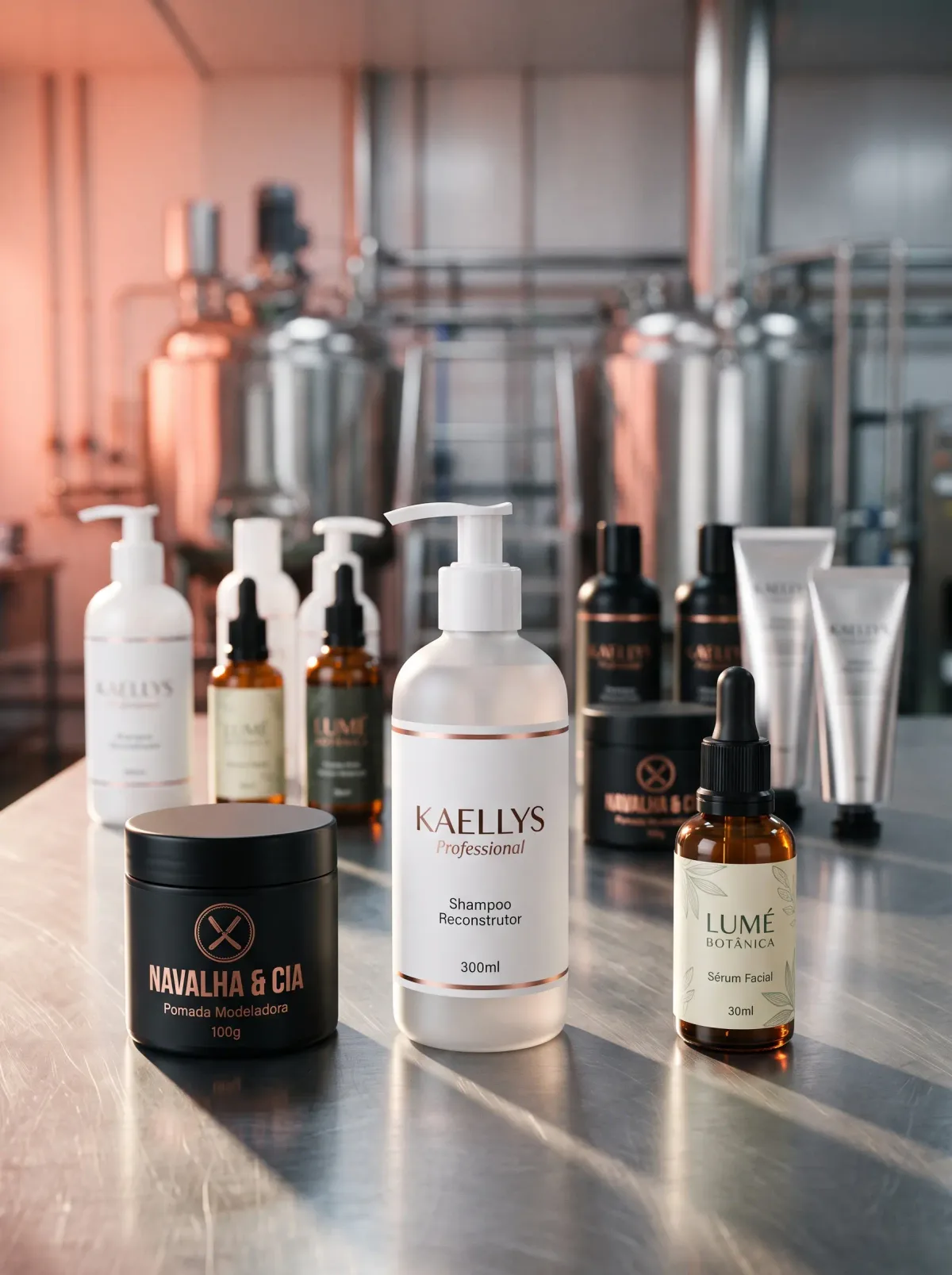 Linha de cosméticos white-label produzida pela Crystalise, com rótulos de marcas de clientes, sobre bancada da fábrica